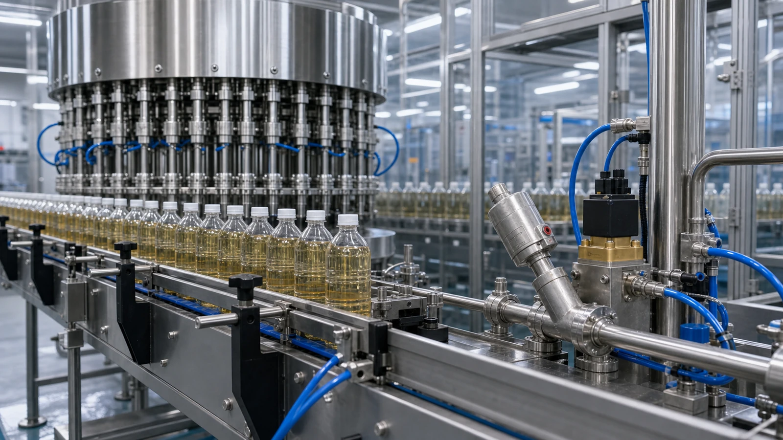 Food and beverage packaging line with pneumatic control