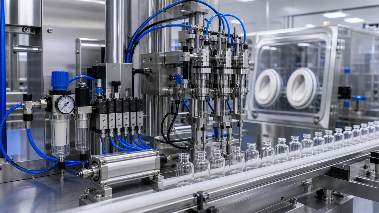 Pharmaceutical and laboratory equipment with compact pneumatics