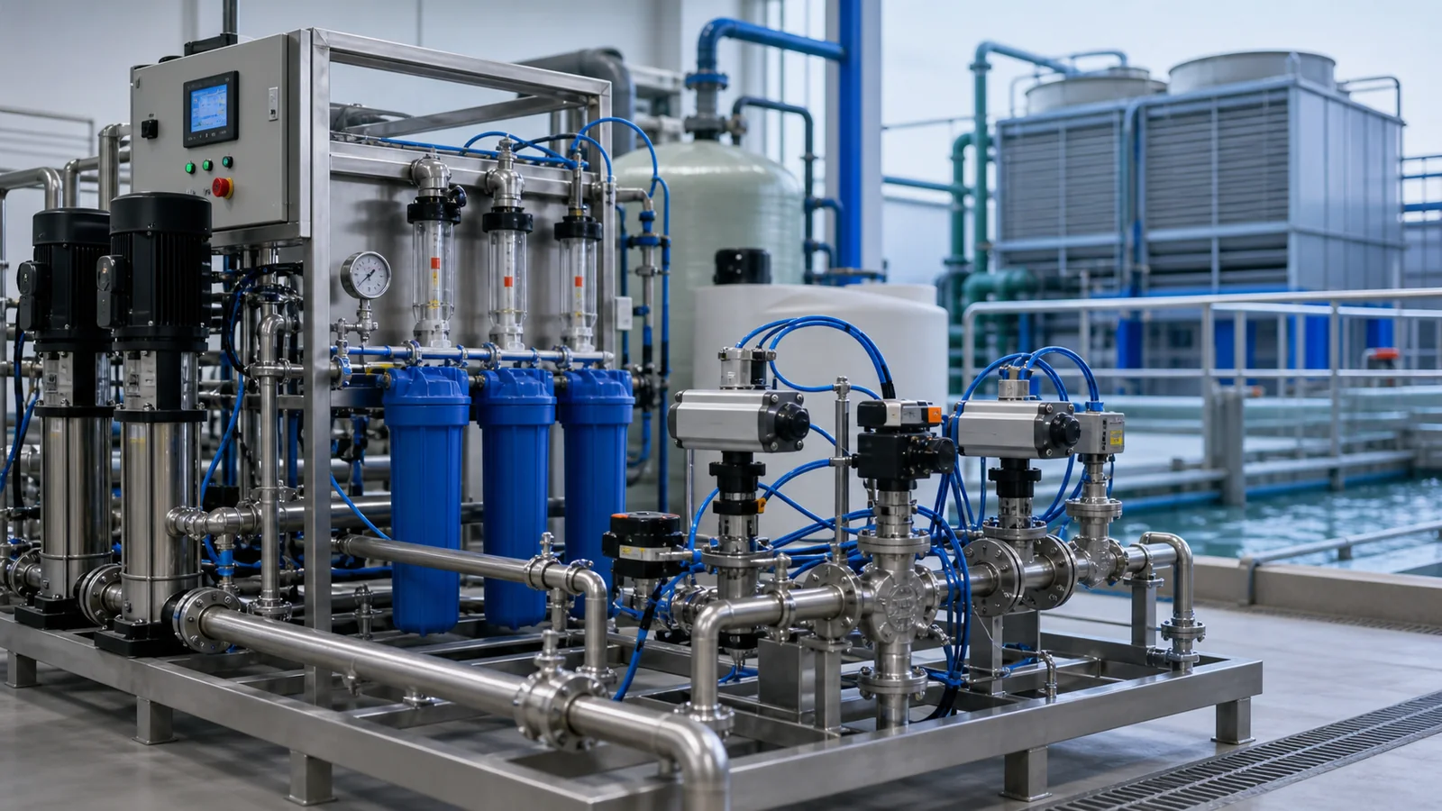 Water treatment and cooling skid with actuated valves