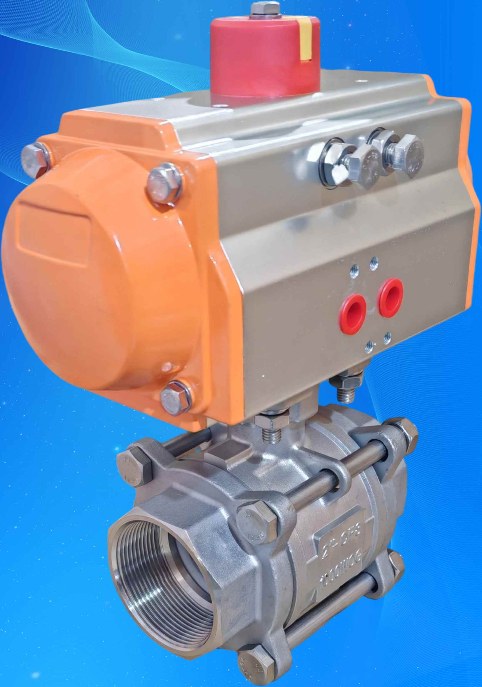 Pneumatic ball valve with AT-series rack-and-pinion pneumatic actuator and stainless steel threaded body