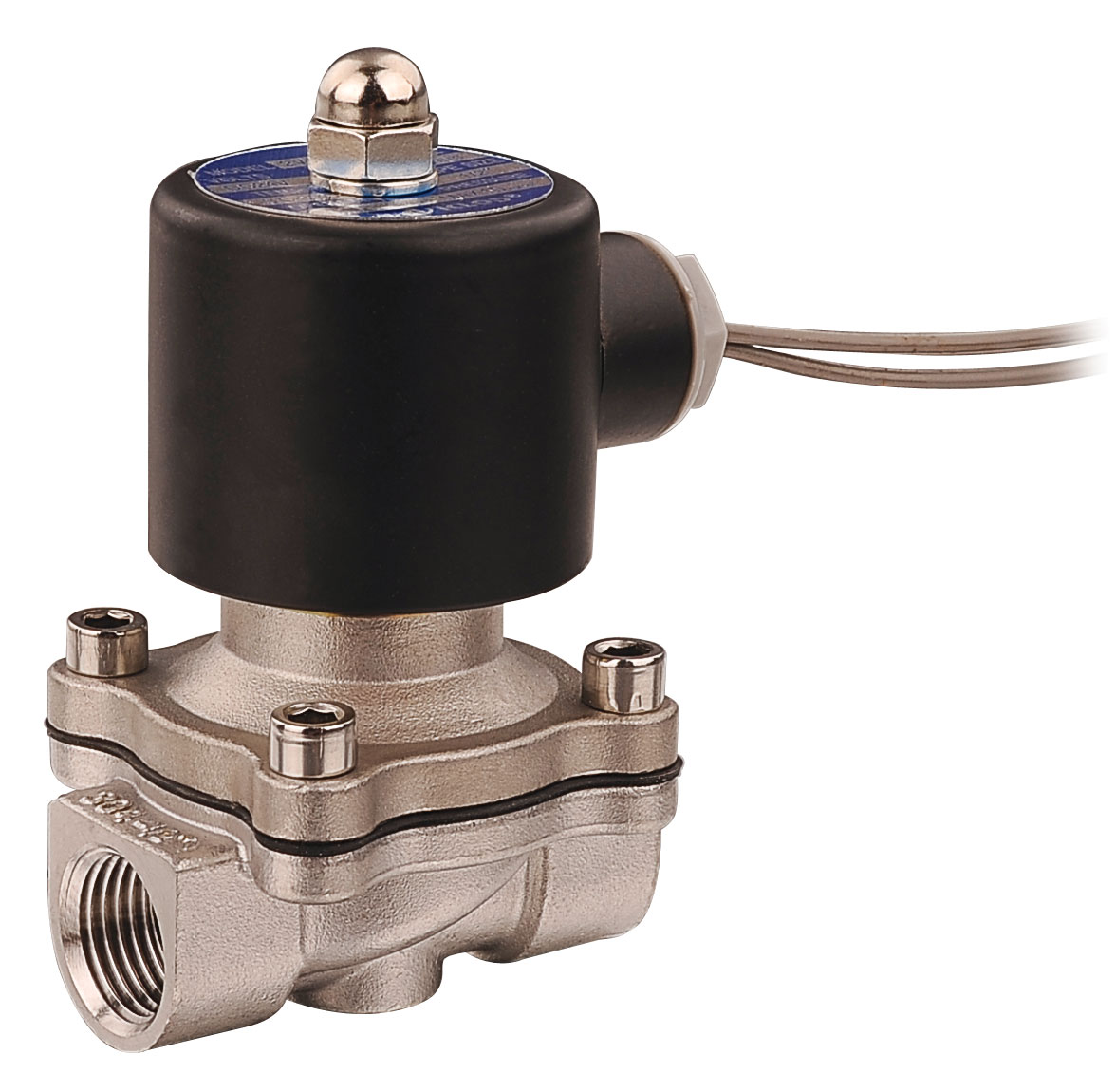 2WB series 304 stainless steel direct-acting diaphragm solenoid valves, 4mm to 25mm orifice, 1/8" to 1" ports, NBR/FKM/EPDM seals, NC and NO types, AC/DC voltages. For pure water, weak acids, weak alkalis and corrosive media. 2WBF flanged versions available.